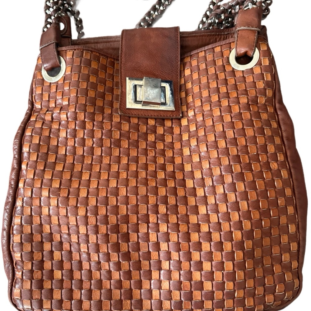 Valentina Brown woven Italian  leather Satchel